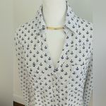 EXPRESS  Portofino Shirt Top Size S White Blue Anchor Long Roll Tab Sleeve Career Photo 1