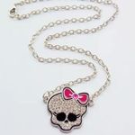 Skull Pendant Necklace with Pink Bow Monster High Y2K Bling Rhinestone Charm Silver Photo 0