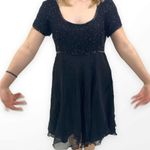 00s NIGHT VOGUE Vintage Black Beaded Silk Knee Length Short Sleeve Dress Size M Photo 1