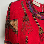 Laurence Kazar Vintage  100% Silk Beaded Sequin Tassel Blouse Red‎ Holiday Bling Photo 5