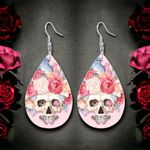 Pink Rose Flower Skull Print‎ Dangle Halloween Earrings Bohemian Faux Leather Photo 1