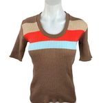 Women's Brown Striped Colorblock Short Sleeve Ribbed Knit Sweater Top Size S Photo 0