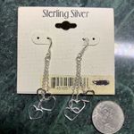 Sterling Silver 3 Linear Long Dangle Earrings with Heart Charms 925 Fish Hook Photo 1