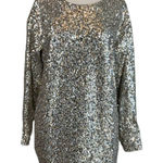 AQUA Silver Sequined Long Sleeve Mini Shift Cocktail Dress Size 12 Boat Neck by  Photo 0
