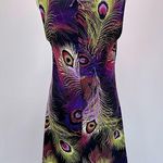 Peacock Feather Sleeveless Shift Dress with Embellished Neckline Size Medium Photo 7