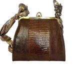 Vintage Genuine Lizard Brown Leather Frame Handbag with Oscar de la Renta Scarf Photo 7