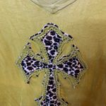 Y2K Lime Green Long Sleeve Top with Cross Leopard Print Design | Size Large Yellow Photo 1