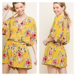 Umgee NWT Women's Floral Yellow Romper Large Boho Lace Accent Dolman Surplice Photo 1