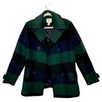 st. john's bay St. John’s Bay Green & Navy Plaid Wool Blend Double-Breasted Pea Coat Classic S Photo 0