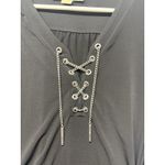 Michael Kors Sz M Black Blouse Tie With Silver Lace Chain Roll Up Long Sleeves Photo 2