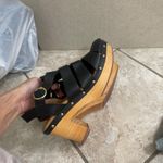 Anthropology Black Leather Clog Platform Sandals Wood Heel Sz 7 Strappy woens Photo 2