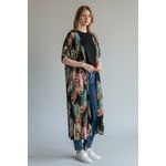 Umgee USA Feather Print Duster Kimono Cardigan Black Multi Color Size Medium Photo 2