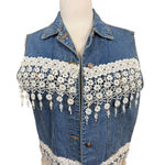 Vintage Loco Club Denim Vest Lace Crochet Fringe Size Medium Blue Photo 1