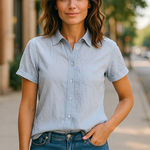 Liz Claiborne  Womens‎ Blouse Size M Light Blue Pinstripe Swiss Dot Short Sleeve Photo 0