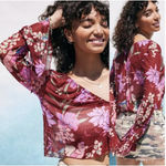 Free People Of Paradise Floral Tie Ruched V-Neck Button Long Sleeve Top M NWT Photo 0