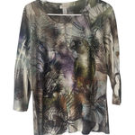 Chico's  Size 1 Small Tropical Vacation Parrot Rhinestone Round Neck 3/4‎ Slv Top Photo 0