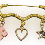 Gold Brooch with Pink Flower, Heart, and Star Charms Photo 0