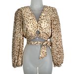 Japna Japan Brown Animal Print Chiffon Wrap Balloon Sleeve Crop Top Blouse NWT Medium Photo 0
