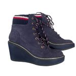 Tommy Hilfiger  Navy Wedge Suede Leather Ankle Twsolenne Bootie Heel Boots Size 6 Photo 1