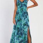 Lulus NWT  Beautiful Soul Teal Green Floral Print Twist-Front Maxi Dress Size M Photo 0