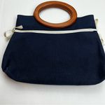 Banner House Navy Blue Kelly Green Wood Handle Canvas Vintage Bermuda Bag FLAW Photo 6