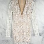 Missguided Lace Plunge V Neck Long Sheer Sleeve Bodycon Mini Dress White Boho 0 Photo 1