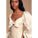 Lulus  Sweet Daydream Cream Satin Puff Sleeve Tie-Front Mini Dress Photo 2