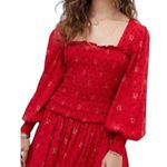 Free People Red Two Faces Printed Floral Boho Mini Dress Smocked Balloon Sleeve Photo 1
