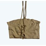 Lisa Says Gah Ribbed Beige Halter Crop Top Y2K Lace Back Cotton Knit Size XS Photo 2