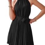 NEW Black Halter Neckline Belted Waist Pleated Skirt Swing Dress Size XL Photo 3