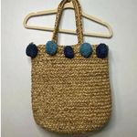 Straw Purse Shoulder Bag Blue Pom Poms Boho Summer Coastal Woven Tan Photo 0