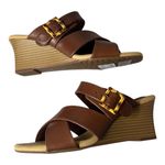 Clarks 7M Kyarra Judi sleek wedge cork heel Crisscross brown strap tan buckles Photo 6