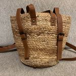 XIX PALMS Straw Backpack Cooler Tan Leather Straps Nautical Print Lining Photo 3