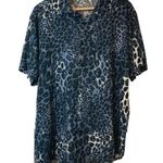 Blue Leopard Animal Print Lightweight Short Sleeve Button Up Shirt Blouse Top Size L Photo 0