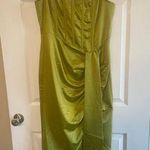 Pretty Little Thing NWT  Olive Satin Bardot Tassel Hem Draped Midi Dress Sz 12 Photo 0