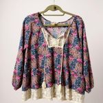 Matilda Jane Floral Print Blouse Large Long Sleeve Lace Trim Bohemian Womens Top Photo 0