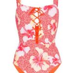 ONIA  Floral One Piece Swimsuit Hibiscus Flowers Tie Front L Photo 8