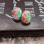 Vintage Mint Green Red Cabochon Earrings Stainless Steel Photo 2