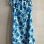 Vineyard Vines Palm Leaf One Shoulder Ruffle Midi Dress | Size 2 Blue Turquoise Photo 0