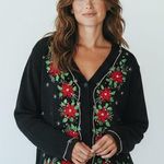 Vintage Christmas Beaded Black Cardigan with Red Floral Embroidery Size L Photo 0