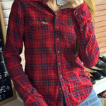Hollister  Women’s Shirt Red Blue Plaid Flannel Button Up Long Sleeve Logo Large Photo 0
