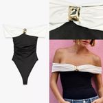 ZARA  NWT white & black off shoulder gold appliqué detail stretchy bodysuit Photo 1