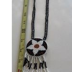 Vintage Native American Beaded Circle Medallion Leather Necklace Black Red 16” White Photo 2