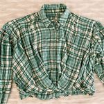 Free People  Blue Green White Plaid Oversized Cropped Blouse Shirt Sz XS Photo 86