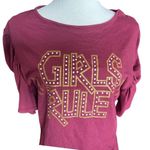 NWT Womens Boutique Girls Rule Gold Glitter Decal Puff Sleeve Top Photo 1