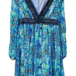 Betsey Johnson  Midi‎ Dress Womens 2 Blue Aztec Lined Lace Trim Zip up Back Photo 0