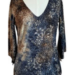 Dress Barn Y2K  V Neck Blue and Brown Cheetah Floral Print Blouse Size M Photo 0