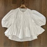 Brogger Round Neck Puff Sleeve Tiered Oversized Taffeta Blouse in White Large Photo 4