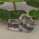 Small White Gold Filled Huggie Hoop Earrings Greek Key Design Silver Photo 0