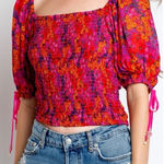 Free People  Back On Top Hot Pink Floral Print Smocked Puff Sleeve Medium Photo 0